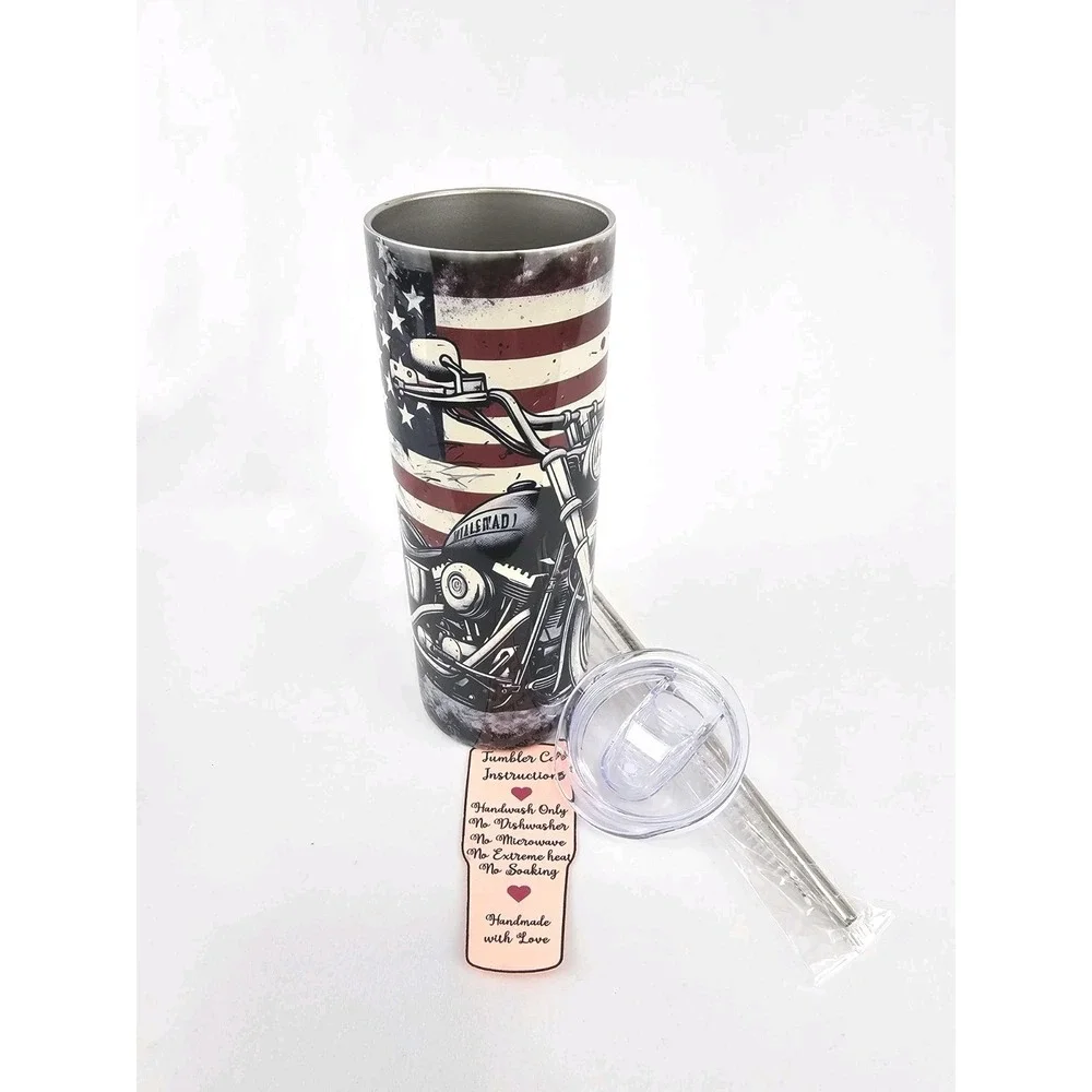 American Flag Motorcycle Riding 20Oz Tumbler Travel Insulated Patriotic Support